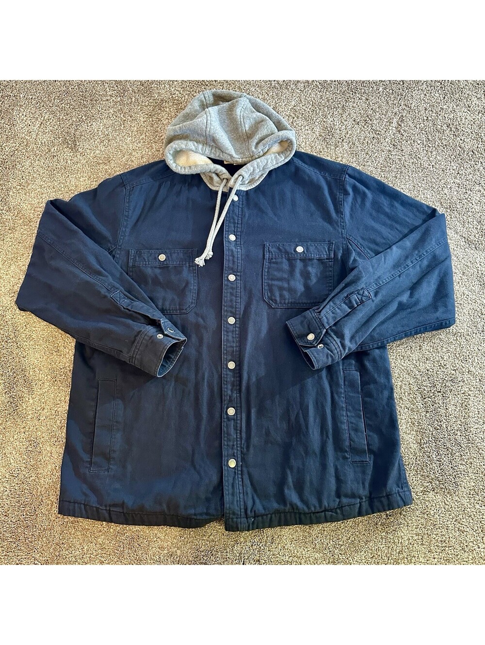 Duluth Trading Mens XL Blue Plaid Flannel Fleece Lined Hooded Chore Work Jacket